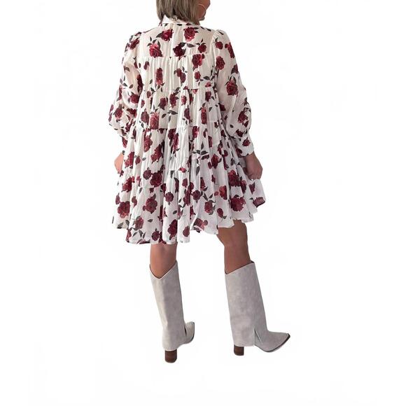 Floral Tiered Mini Dress - White with Red Rose Print - Picture 2 of 4